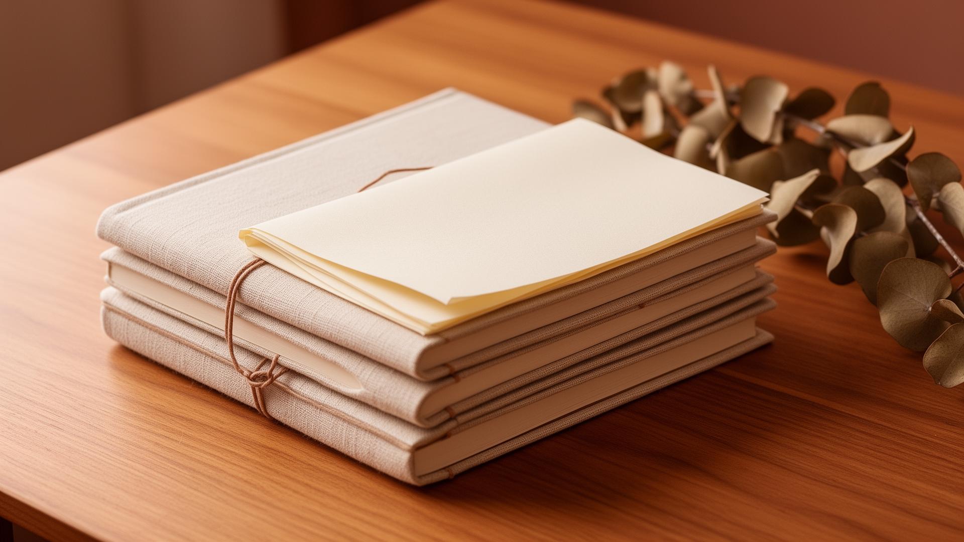 A linen-bound stack of journals and printed worksheets on a warm wooden surface.